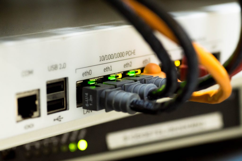 Ethernet cables plugged in to a reuter