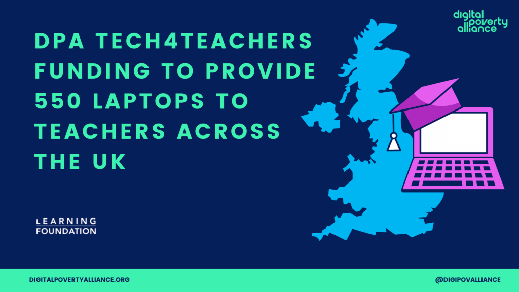DPA Tech4Teachers funding to provide 550 laptops to teachers across the UK, and illustration of UK map with laptop and graduation hat on ot