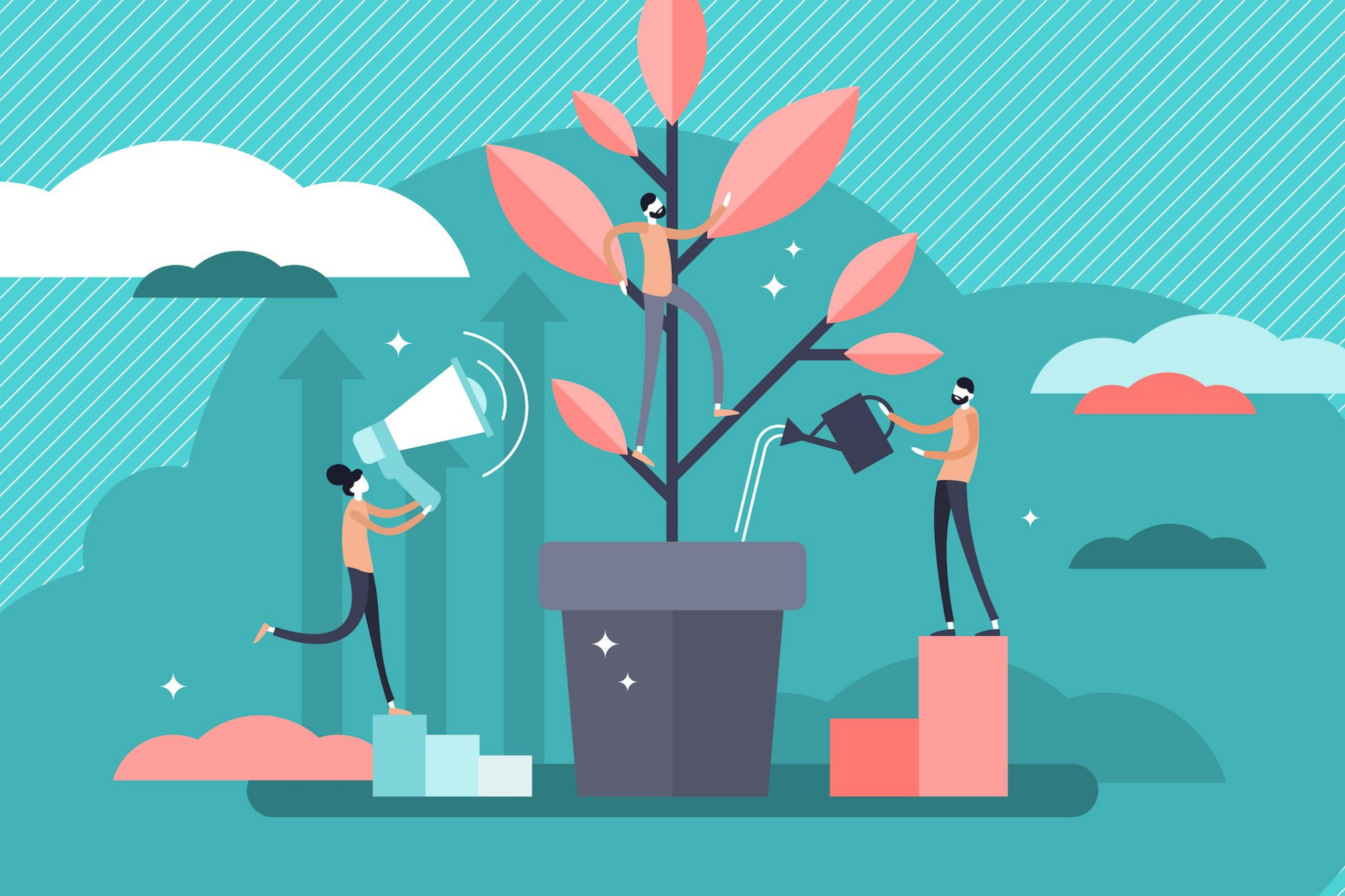 illustration of people on steps encouraging and watering a huge plant pot in the middle with a man and plant in to grow.