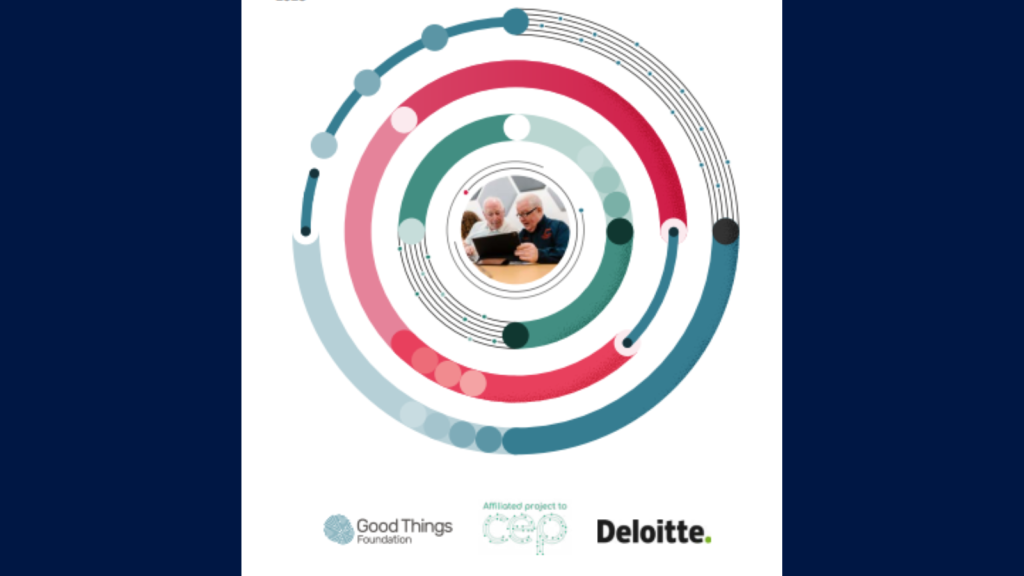 A series of circles with two men in the centre using a laptop. Good Tings Foundation logo, Deloitte Logo