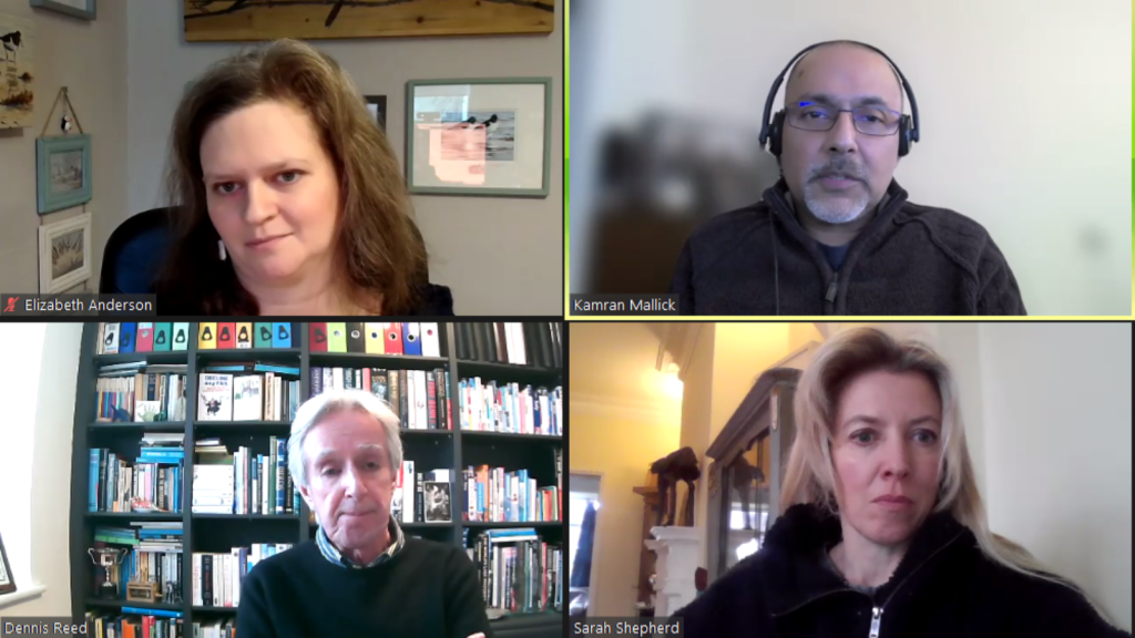 Screenshot of a webinar with Eiizabeth Anderson, Digital Poverty Alliance; Kamran Mallick, Disability Rights UK; Dennis Reed, Silver Voices UK and Sarah Shepherd, techUK