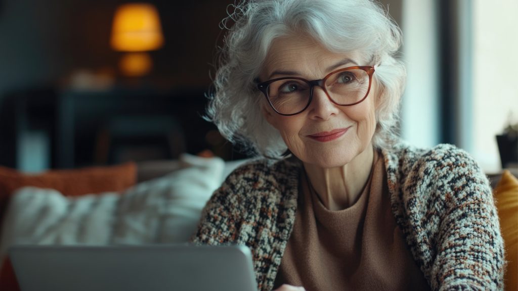 Older woman working on a laptop.