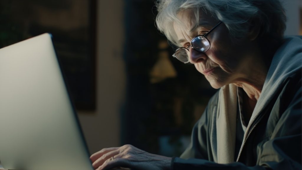 Elderly woman sat typing on a laptop in the evening.