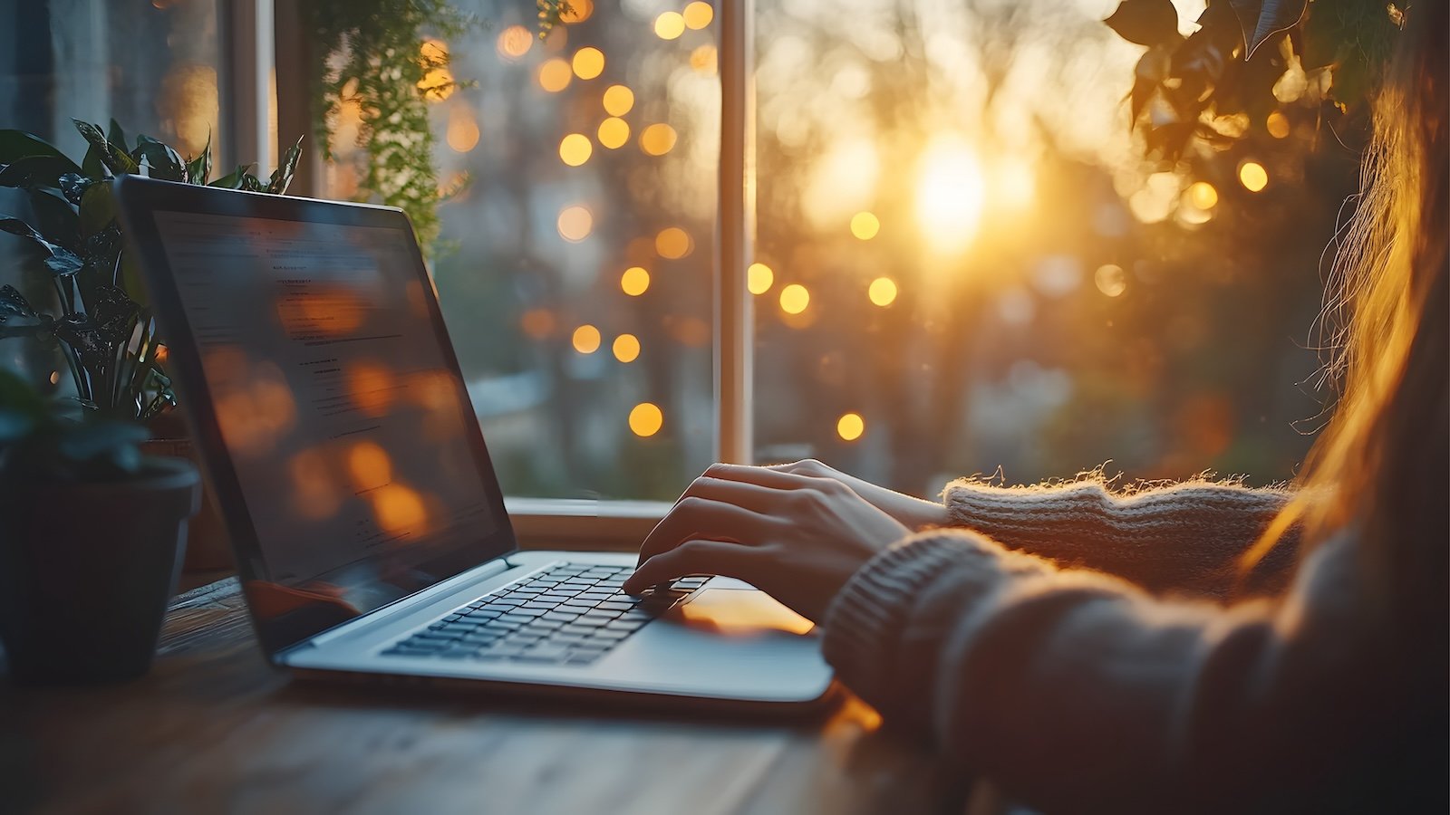 woman's hands typing on a laptop, with the background lit by the sun.