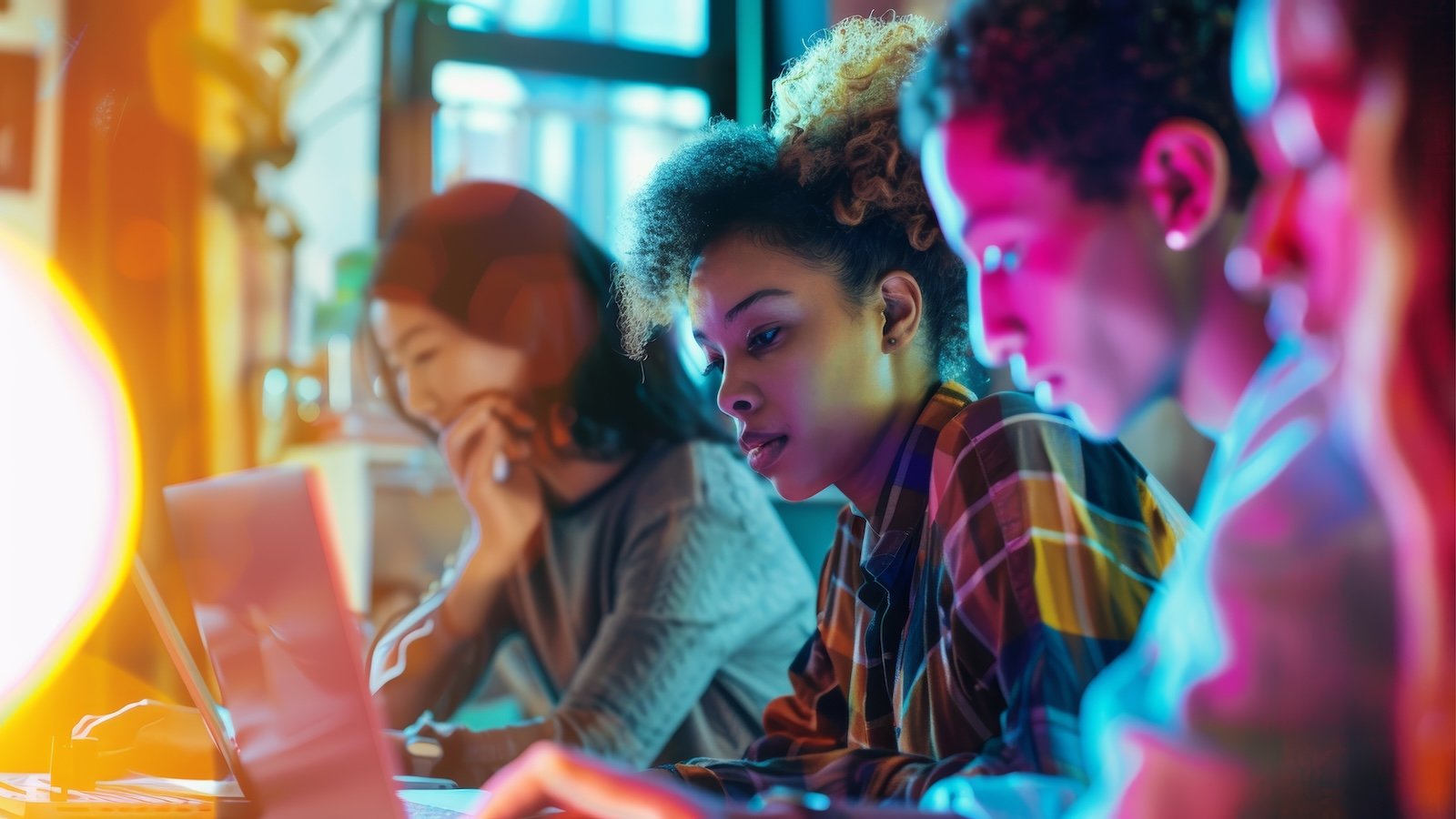 People working at a desk on a computer.