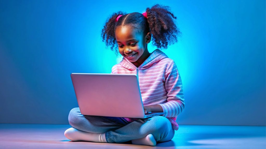 Young girl sitting on the floor with a laptop on her lap.