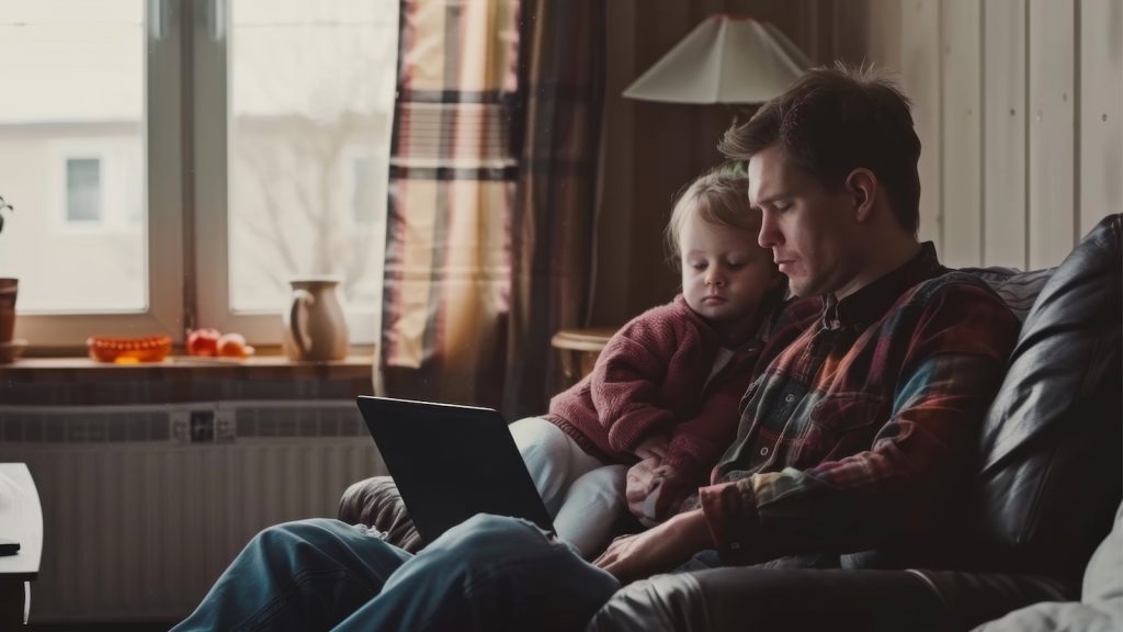 Father and daughter on couch with a laptop.