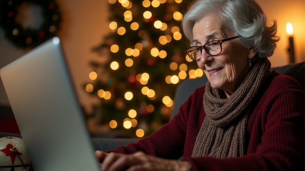Elderly woman sitting at a desk working on a laptop.