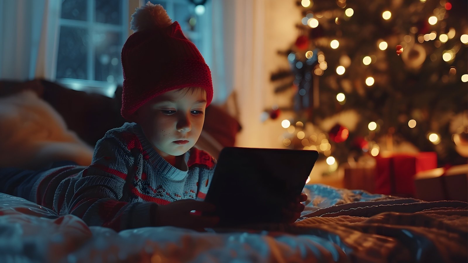 Child on laptop with Christmas tree behind him.