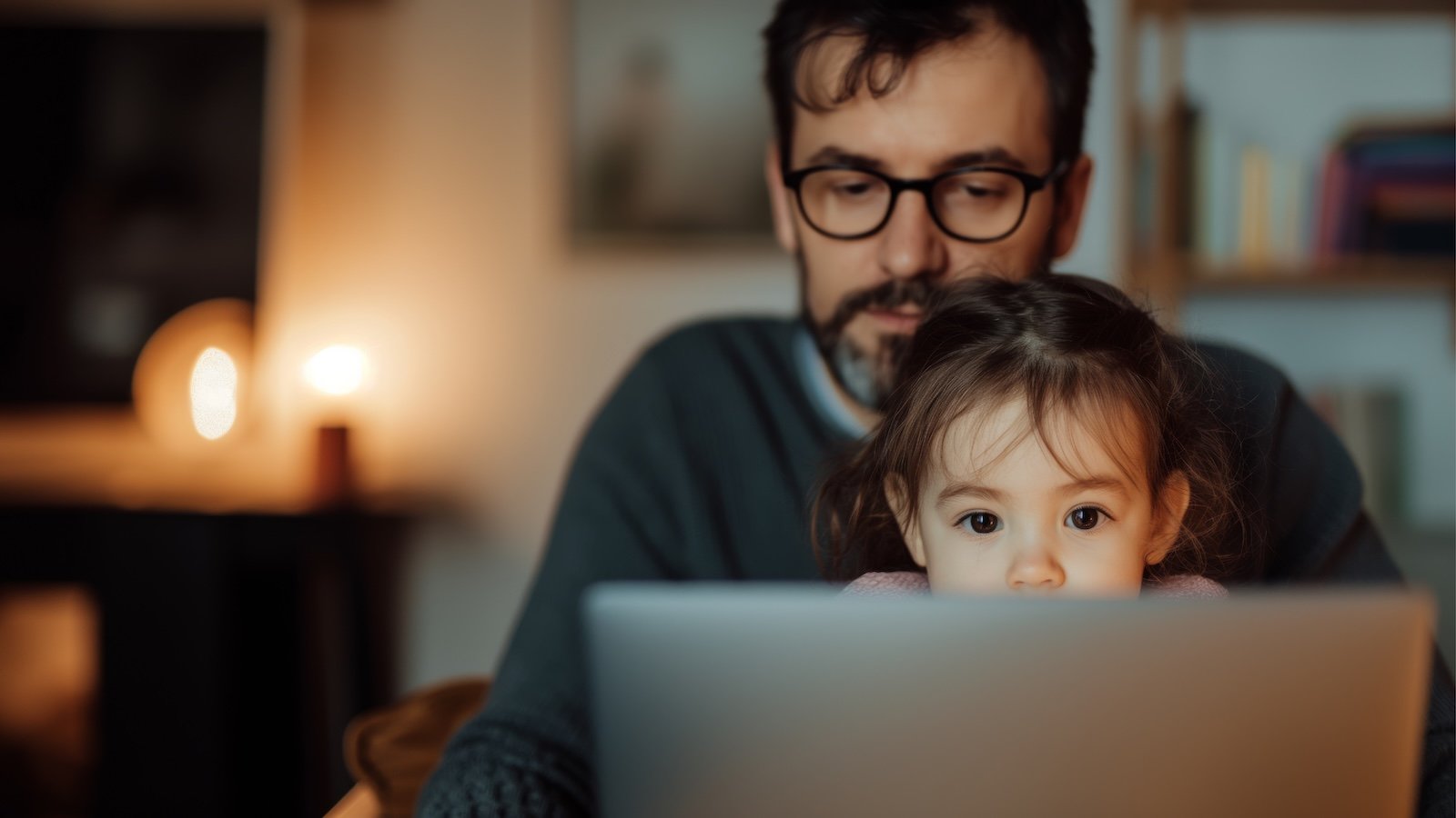Father and daughter looking at the screen of a silver laptop.