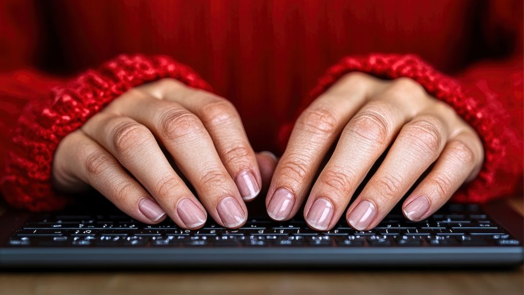 Woman's hands typing on keyboard.