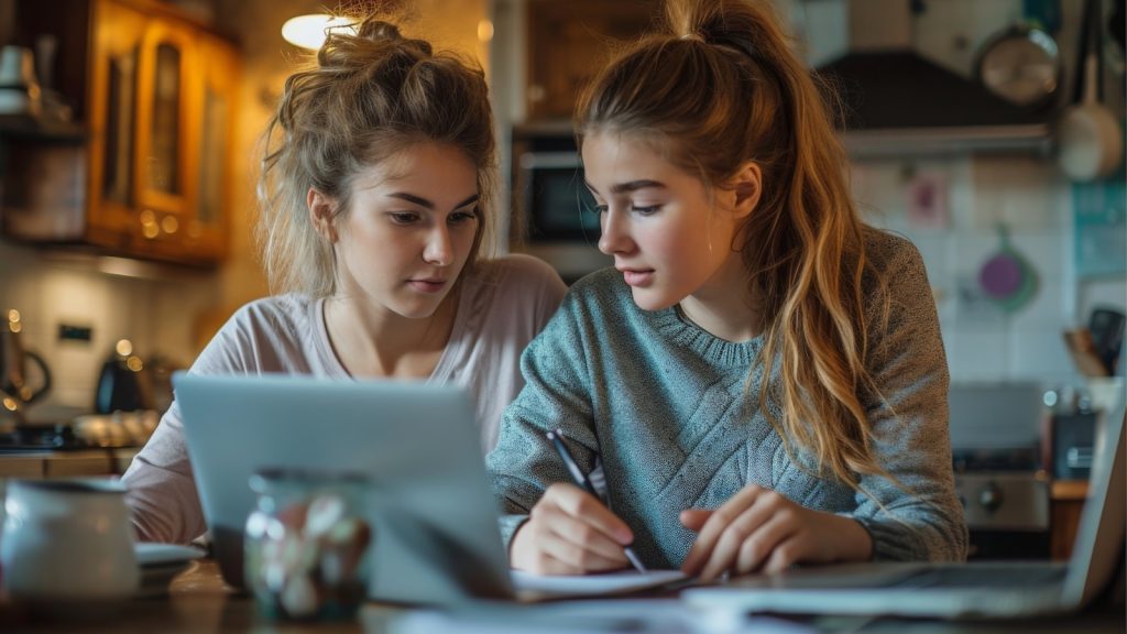 Two teenage girls working on a laptop at the kitchen table.