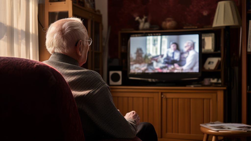 Older man with grey hair and glasses sat on a chair watching television.