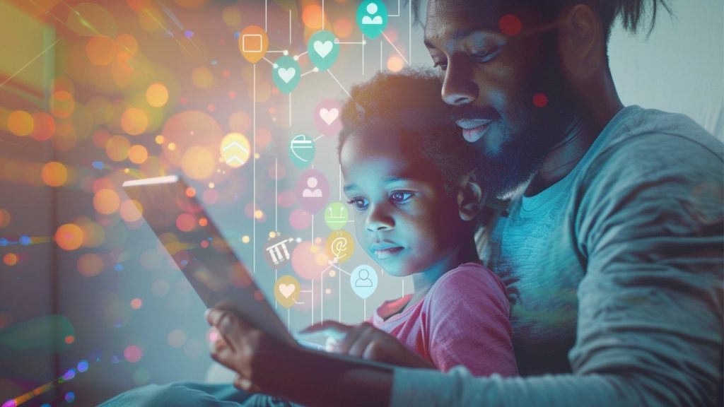father and daughter looking at a tablet.